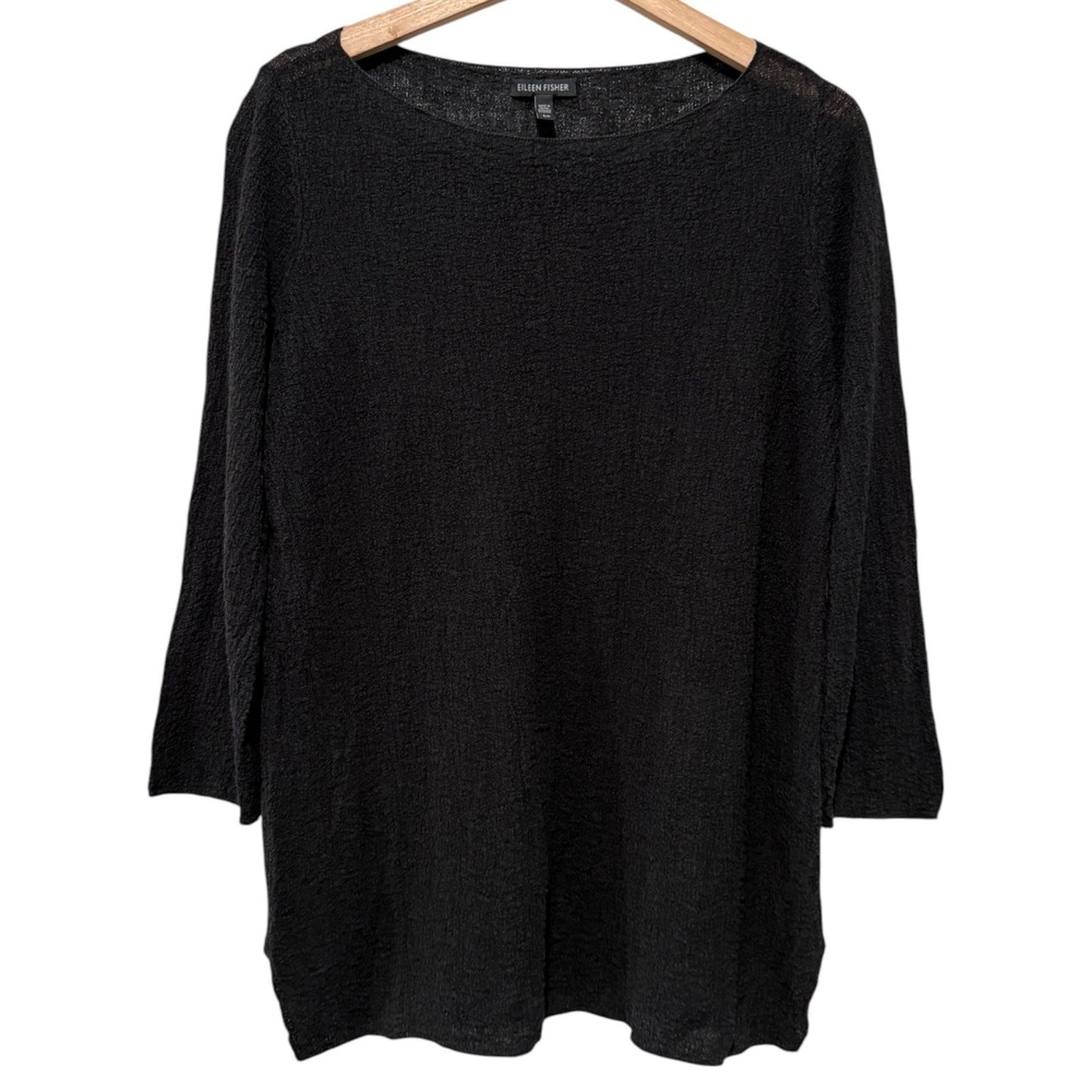 Eileen Fisher Women Linen Cotton Oversized Knit Top Women Sz S Black 3/4 Sleeve